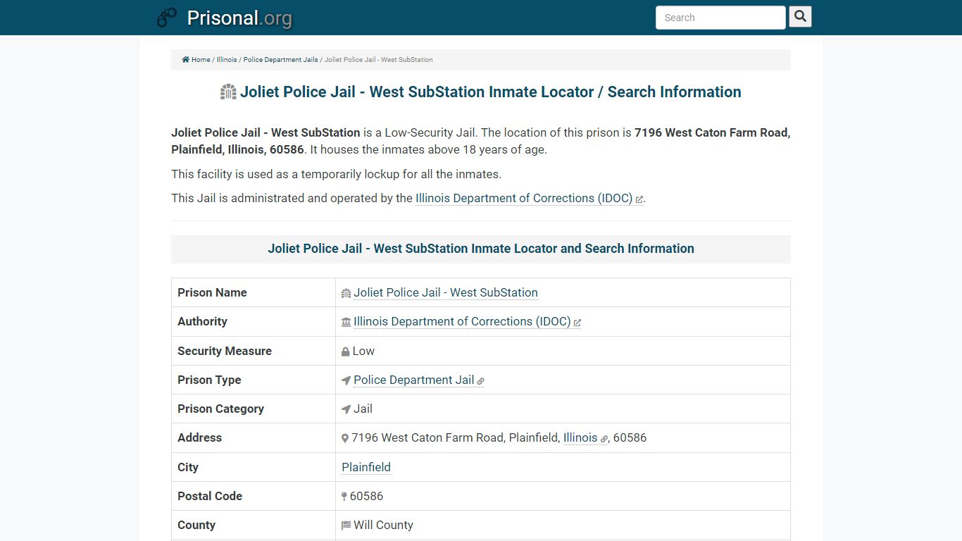 Joliet Police Jail - West SubStation-Inmate Locator/Search ...